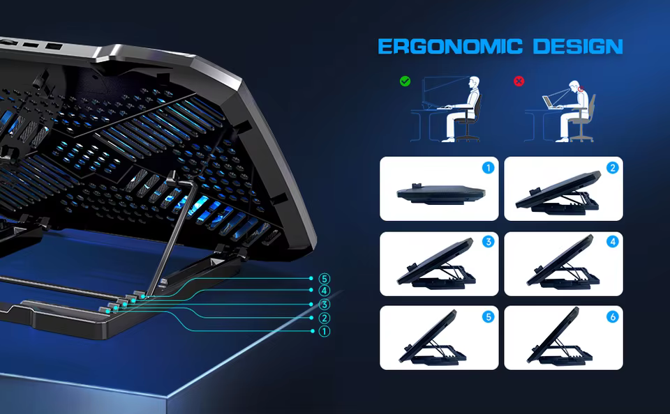High-Performance RGB Gaming Laptop Cooling Pad with Dual Silent Fans in black, view 9