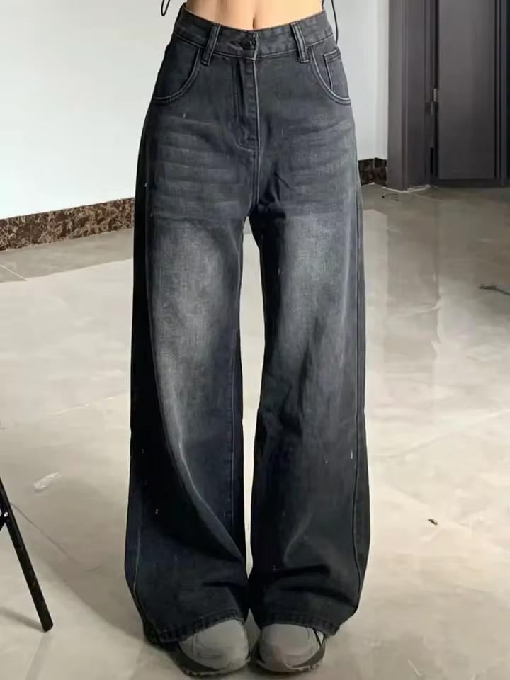 High-Waisted Loose-Fit Straight-Leg Jeans for Women, Bell-Bottom Denim Trousers in Black-3330, view 3