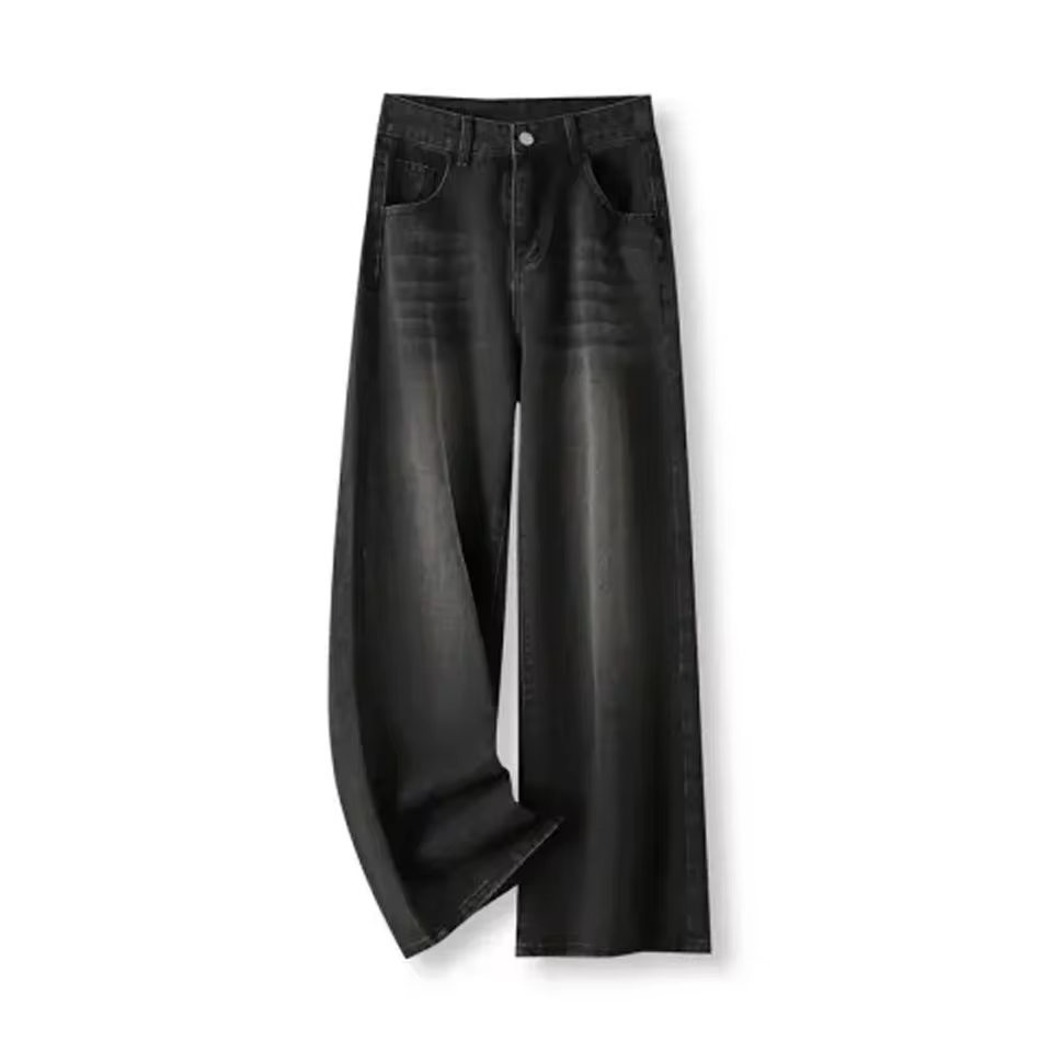 High-Waisted Loose-Fit Straight-Leg Jeans for Women, Bell-Bottom Denim Trousers in Black-3330