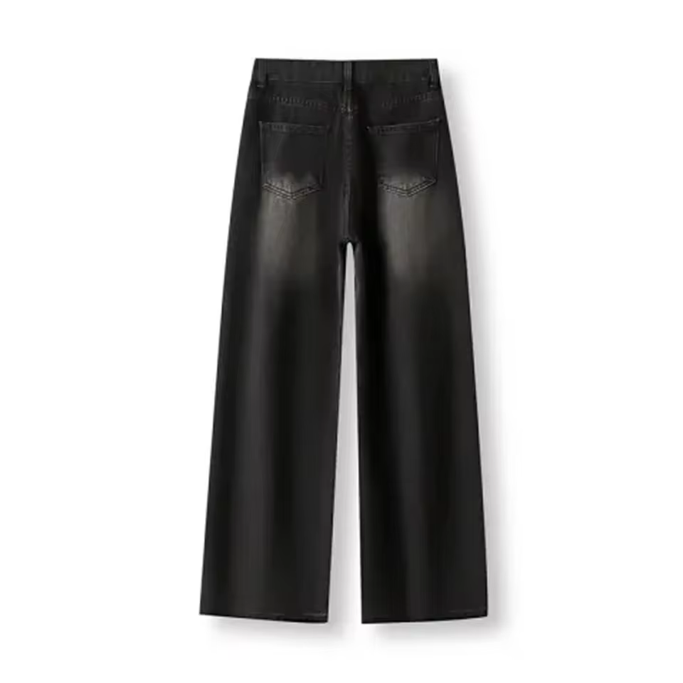 High-Waisted Loose-Fit Straight-Leg Jeans for Women, Bell-Bottom Denim Trousers in Black-3330, view 2