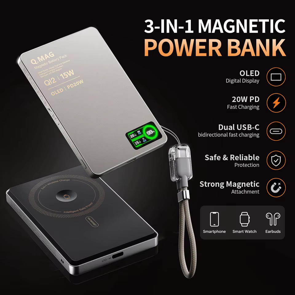 Magnetic Power Bank - Portable Wireless Charger with Strong Snap-On Grip in Silvery