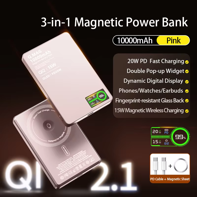 Magnetic Power Bank - Portable Wireless Charger with Strong Snap-On Grip in Pink