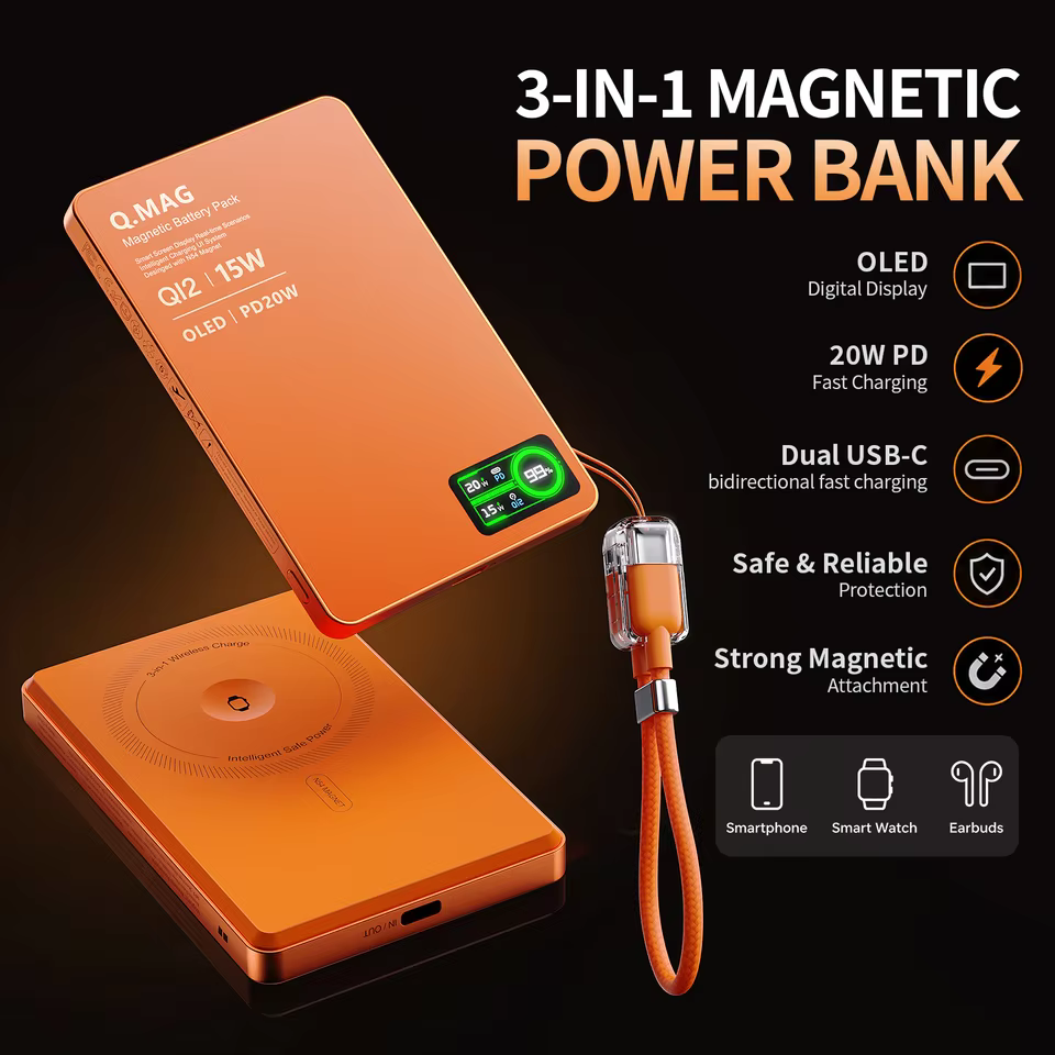Magnetic Power Bank - Portable Wireless Charger with Strong Snap-On Grip in Orange